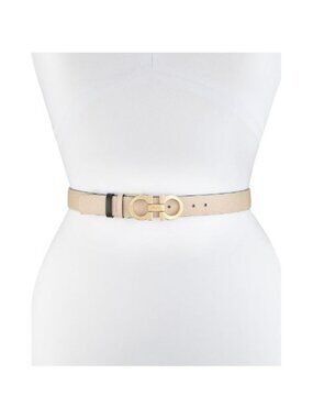 Salvatore Ferragamo Gancini-Buckle Reversible Belt Black & Macadamia Gold Buckle